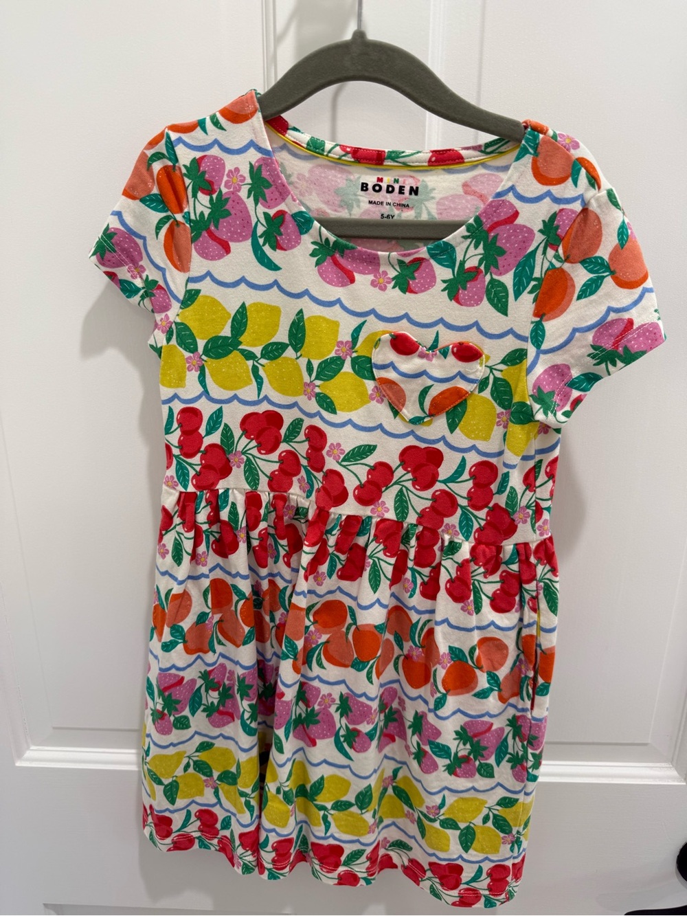 Mini Boden Short Sleeve Fruit Print Dress - Red, Yellow, Orange, Pink, Green